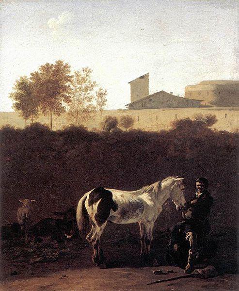 Karel Dujardin Italian Landscape with Herdsman and a Piebald Horse